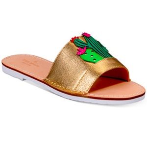 Kate Spade Iguana cactus gold slide sandals, green and pink
